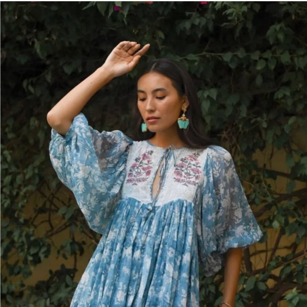 Daughters Of India Bohemian Diya Mini Dress L light Blue